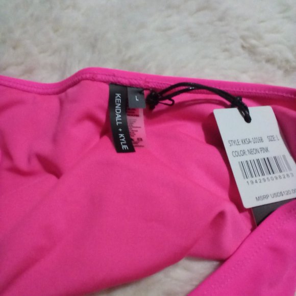 😎Kendall+Kylie Brand Logo HOT PINK 2-PC Neon Swimsuit w/Zipper Size=L NWT - Picture 2 of 5